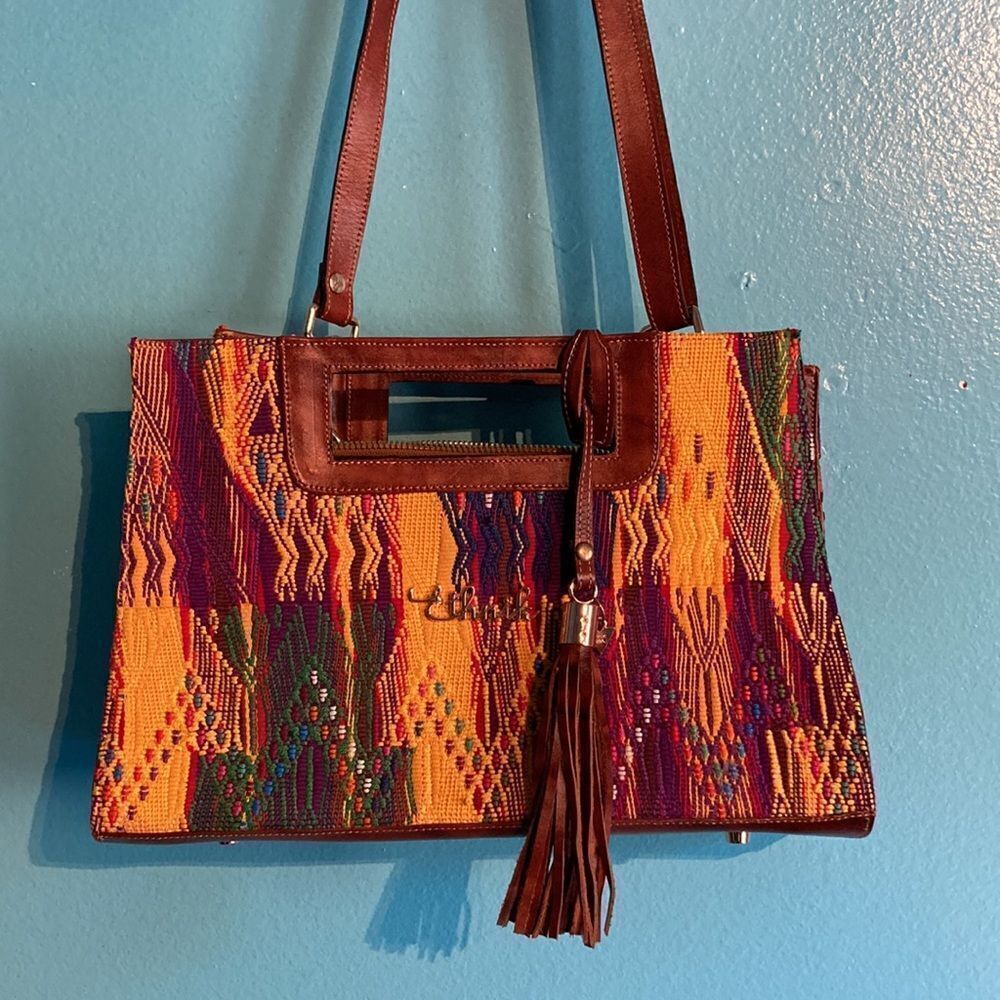 Colorful Woven Shoulder Bag with Brown Leather Trim